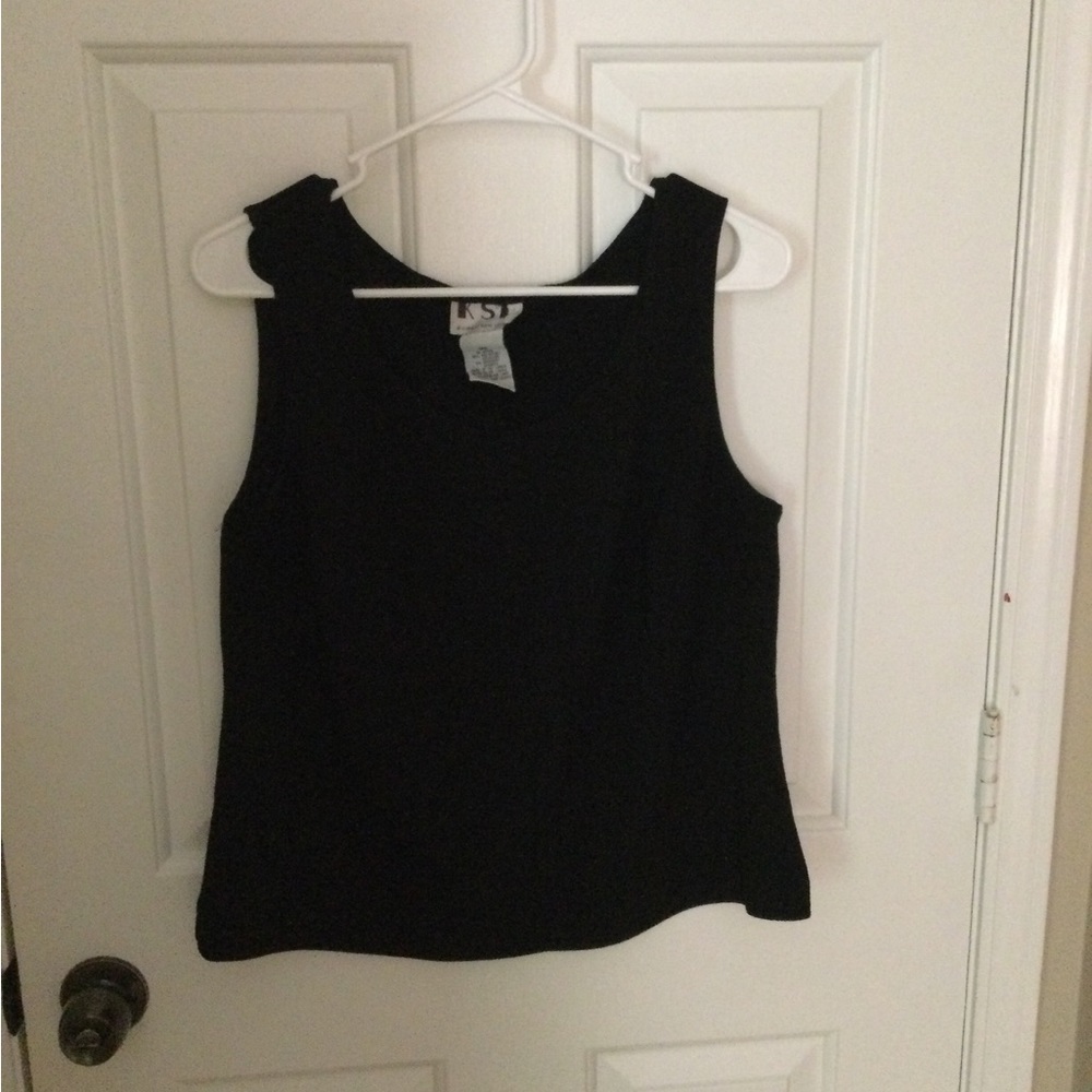 Simple, darted, sleeveless, black blouse.